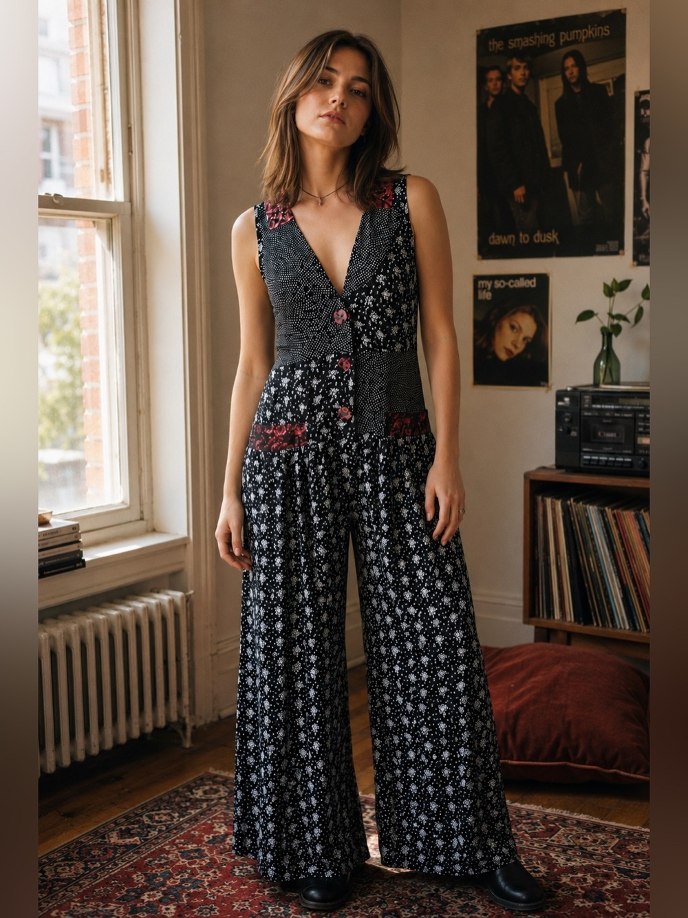 Vintage 90s Pellini Jumpsuit Sz Medium Black Floral Polka Dot Wide Leg Romper